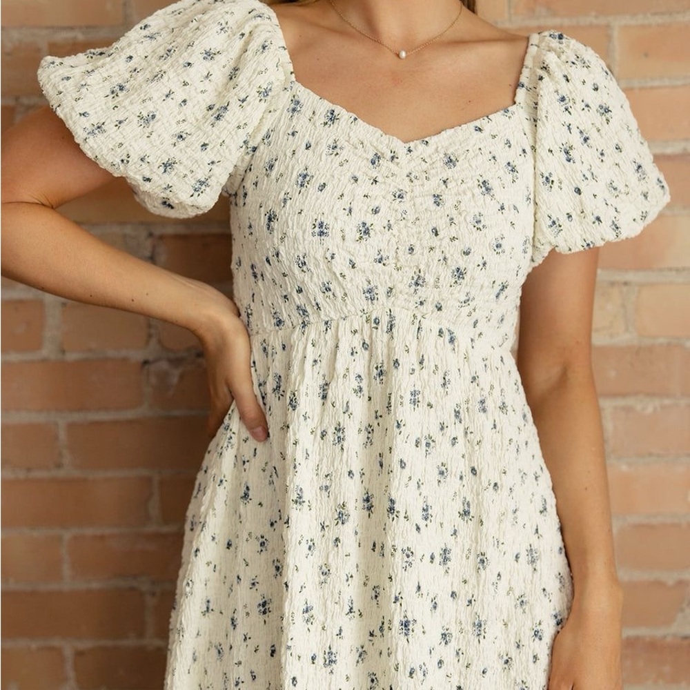 Smocked Puff Sleeve Midi Dress in Cream with Blue Floral Print